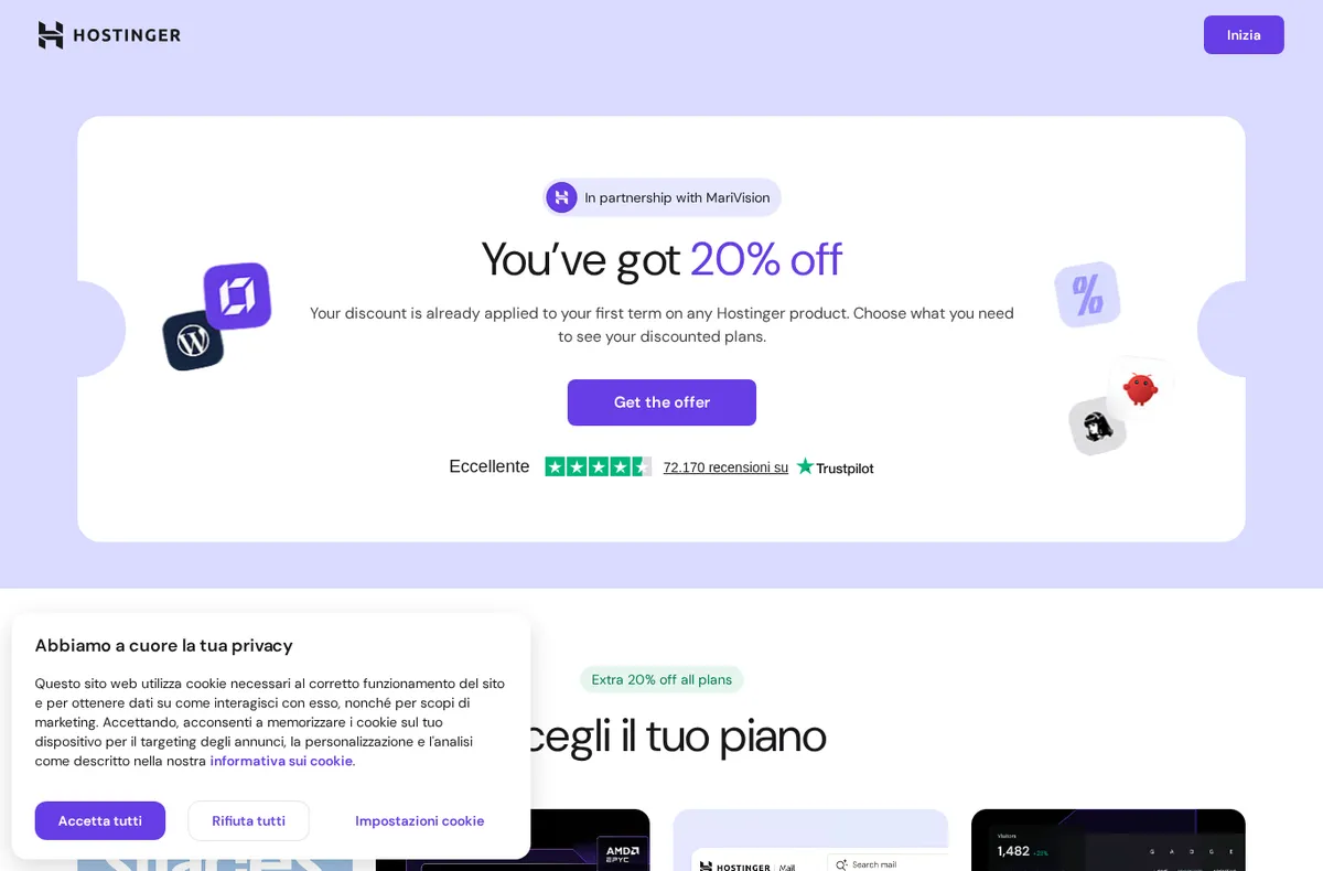 Pagina Hostinger aperta con il codice referral: banner 'You've got 20% off, in partnership with MariVision'